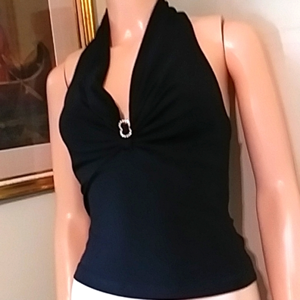 XOXO Black Jeweled Halter Top Open Back like new EUC